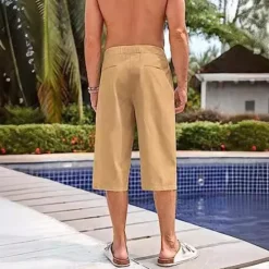 Sale OUKU Men's Linen Shorts Summer Shorts Beach Shorts Capri Pants Pocket Drawstring Elastic Waist Plain Comfort Breathable Calf-Length Holiday Vacation Beach Hawaiian Boho Black White