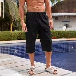 Sale OUKU Men's Linen Shorts Summer Shorts Beach Shorts Capri Pants Pocket Drawstring Elastic Waist Plain Comfort Breathable Calf-Length Holiday Vacation Beach Hawaiian Boho Black White