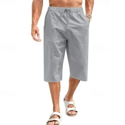 Sale OUKU Men's Linen Shorts Summer Shorts Beach Shorts Capri Pants Pocket Drawstring Elastic Waist Plain Comfort Breathable Calf-Length Holiday Vacation Beach Hawaiian Boho Black White