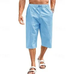 Sale OUKU Men's Linen Shorts Summer Shorts Beach Shorts Capri Pants Pocket Drawstring Elastic Waist Plain Comfort Breathable Calf-Length Holiday Vacation Beach Hawaiian Boho Black White