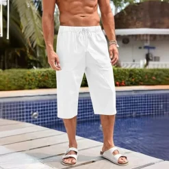 Sale OUKU Men's Linen Shorts Summer Shorts Beach Shorts Capri Pants Pocket Drawstring Elastic Waist Plain Comfort Breathable Calf-Length Holiday Vacation Beach Hawaiian Boho Black White