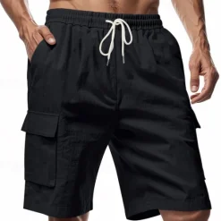 Sale OUKU Men's Linen Shorts Summer Shorts Beach Shorts Pocket Drawstring Elastic Waist Plain Comfort Breathable Short Vacation Holiday Beach Hawaiian Boho Black White