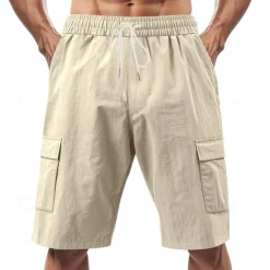 Sale OUKU Men's Linen Shorts Summer Shorts Beach Shorts Pocket Drawstring Elastic Waist Plain Comfort Breathable Short Vacation Holiday Beach Hawaiian Boho Black White