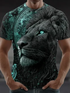 Online OUKU Men's Lion 3D T Shirt Short Sleeve T shirt 3D Print Crew Neck Shirt Exaggerated Designer Party Street Casual Yellow Red Purple Summer Spring All Seasons Clothing Apparel S M L XL XXL XXXL