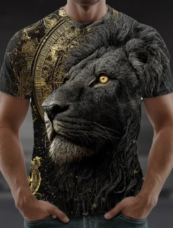 Online OUKU Men's Lion 3D T Shirt Short Sleeve T shirt 3D Print Crew Neck Shirt Exaggerated Designer Party Street Casual Yellow Red Purple Summer Spring All Seasons Clothing Apparel S M L XL XXL XXXL