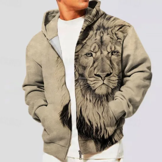 Hot OUKU Men's Lion Graphic Prints Hoodie Hoodies Sweatshirt Streetwear Designer Long Sleeve Hooded Sports & Outdoor Daily Sports Zipper Print Spring & Fall Designer Khaki