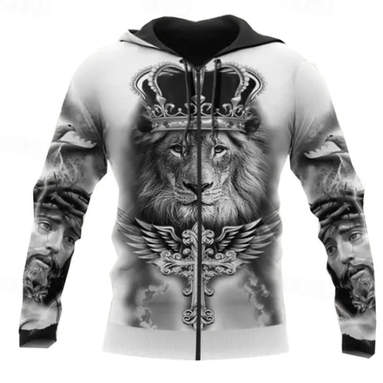 Outlet OUKU Men's Lion Graphic Prints Hoodie Hoodies Sweatshirt Streetwear Casual Long Sleeve Hooded Sports & Outdoor Daily Sports Yellow / Black Black & Yellow Zipper Print Spring & Fall Designer