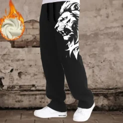 OUKU Men's Lion Joggers Fleece Sweatpants Drawstring Elastic Waist Casual Outdoor Street Dailywear Pocket Straight Leg Trousers Thermal Winter 3D Print Black