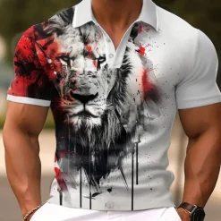Discount OUKU Men's Lion Polo Shirts Golf Shirt Short Sleeve Polo Shirts Collared Shirts Funny Streetwear Vacation Wear Party Outfits Buttons 3D Print Spring & Summer White