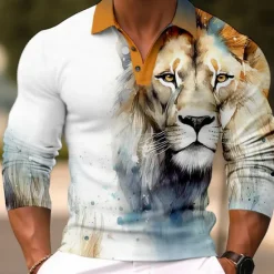 OUKU Men's Lion Polo Shirts Golf Shirt Long Sleeve Polo Shirts Collared Shirts Casual Funny Streetwear Vacation Wear Party Outfits Buttons 3D Print Light Pink White Crystal / Orange