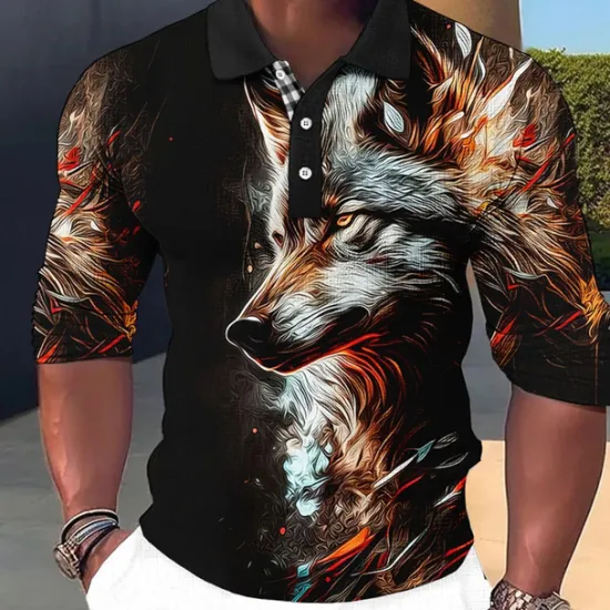 OUKU Men's Lion Polo Shirts Golf Shirt Long Sleeve Polo Shirts Collared Shirts Casual Funny Streetwear Vacation Wear Party Outfits Buttons 3D Print Light Pink White Crystal / Orange