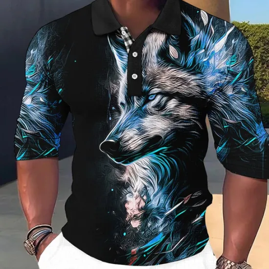 OUKU Men's Lion Polo Shirts Golf Shirt Long Sleeve Polo Shirts Collared Shirts Casual Funny Streetwear Vacation Wear Party Outfits Buttons 3D Print Light Pink White Crystal / Orange
