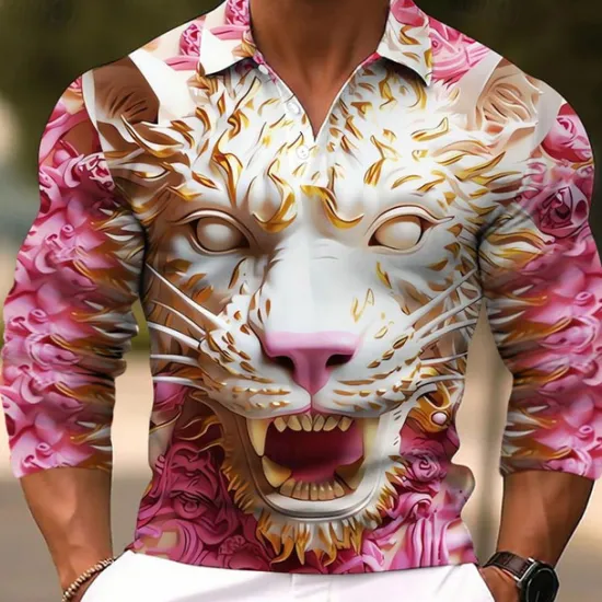 OUKU Men's Lion Polo Shirts Golf Shirt Long Sleeve Polo Shirts Collared Shirts Casual Funny Streetwear Vacation Wear Party Outfits Buttons 3D Print Light Pink White Crystal / Orange