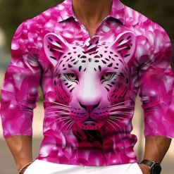 OUKU Men's Lion Polo Shirts Golf Shirt Long Sleeve Polo Shirts Collared Shirts Casual Funny Streetwear Vacation Wear Party Outfits Buttons 3D Print Light Pink White Crystal / Orange