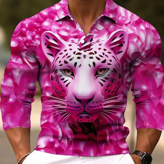 OUKU Men's Lion Polo Shirts Golf Shirt Long Sleeve Polo Shirts Collared Shirts Casual Funny Streetwear Vacation Wear Party Outfits Buttons 3D Print Light Pink White Crystal / Orange