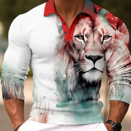 OUKU Men's Lion Polo Shirts Golf Shirt Long Sleeve Polo Shirts Collared Shirts Casual Funny Streetwear Vacation Wear Party Outfits Buttons 3D Print Light Pink White Crystal / Orange