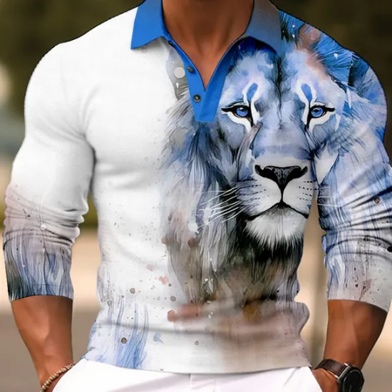 OUKU Men's Lion Polo Shirts Golf Shirt Long Sleeve Polo Shirts Collared Shirts Casual Funny Streetwear Vacation Wear Party Outfits Buttons 3D Print Light Pink White Crystal / Orange