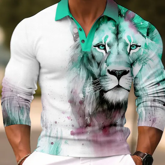 OUKU Men's Lion Polo Shirts Golf Shirt Long Sleeve Polo Shirts Collared Shirts Casual Funny Streetwear Vacation Wear Party Outfits Buttons 3D Print Light Pink White Crystal / Orange