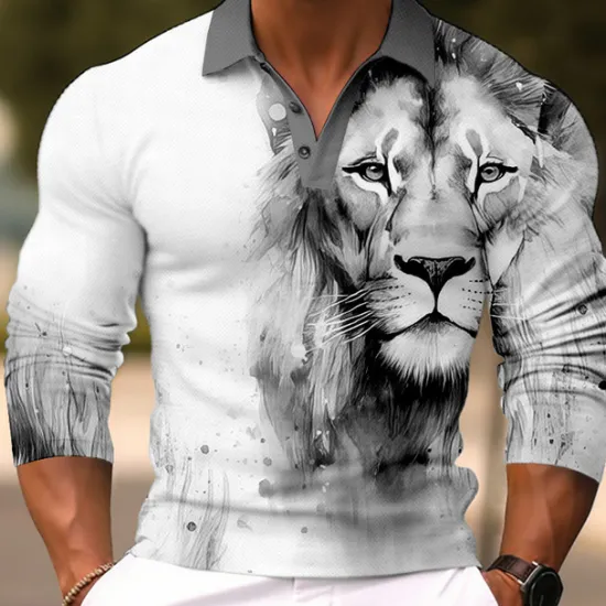 OUKU Men's Lion Polo Shirts Golf Shirt Long Sleeve Polo Shirts Collared Shirts Casual Funny Streetwear Vacation Wear Party Outfits Buttons 3D Print Light Pink White Crystal / Orange