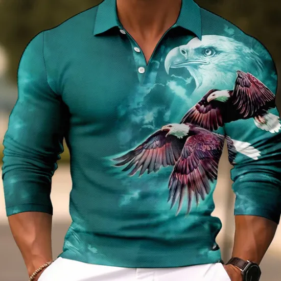 OUKU Men's Lion Polo Shirts Golf Shirt Long Sleeve Polo Shirts Collared Shirts Casual Funny Streetwear Vacation Wear Party Outfits Buttons 3D Print Light Pink White Crystal / Orange