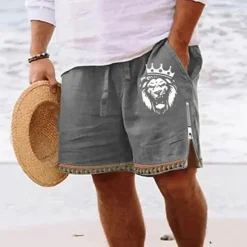 Sale OUKU Men's Lion Shorts Summer Shorts Beach Shorts Mid Waist Hawaiian Casual Daily Holiday Going out Zipper Drawstring Elastic Waist Designer Clothing Apparel