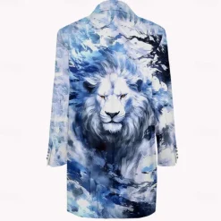 Discount OUKU Men's Lion Winter Coat Fleece Jacket Overcoat Thermal Comfortable Artistic Casual Outdoor Party Evening Wear Daily Wear Buttons 3D Print Front Pocket Winter Turndown Long Sleeve Blue
