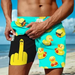 Online OUKU Men's Little Yellow Duck Funny Lined Shorts 2 in 1 Board Shorts Swim Shorts Mid Waist Hawaiian Holiday Beach Wear Side Pockets With Compression Liner Elastic Drawstring Waist Designer Clothing Apparel