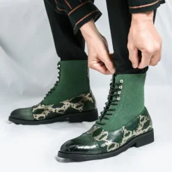 Hot OUKU Men's Luxury Green Ankle Boots | Snake Pattern Faux Leather with Crocodile-Embossed Toe and Lace-Up Design