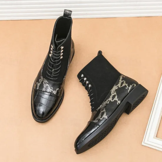 Hot OUKU Men's Luxury Green Ankle Boots | Snake Pattern Faux Leather with Crocodile-Embossed Toe and Lace-Up Design