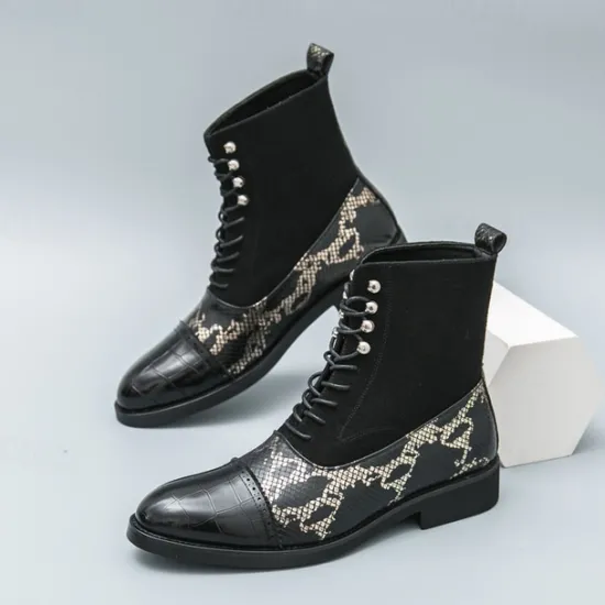 Hot OUKU Men's Luxury Green Ankle Boots | Snake Pattern Faux Leather with Crocodile-Embossed Toe and Lace-Up Design