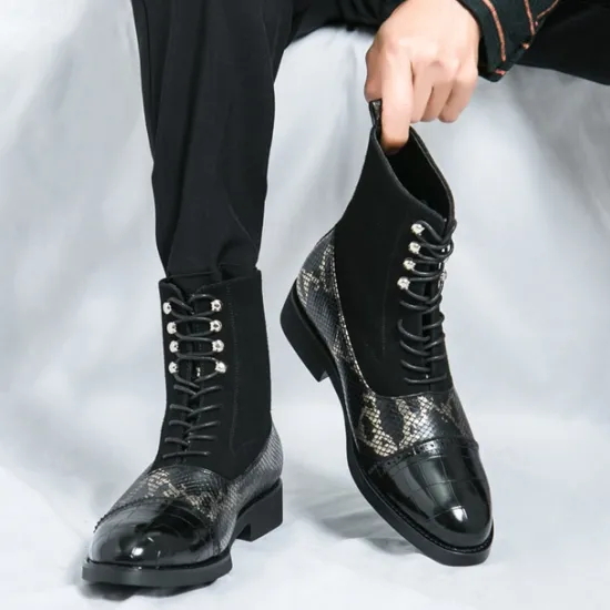 Hot OUKU Men's Luxury Green Ankle Boots | Snake Pattern Faux Leather with Crocodile-Embossed Toe and Lace-Up Design