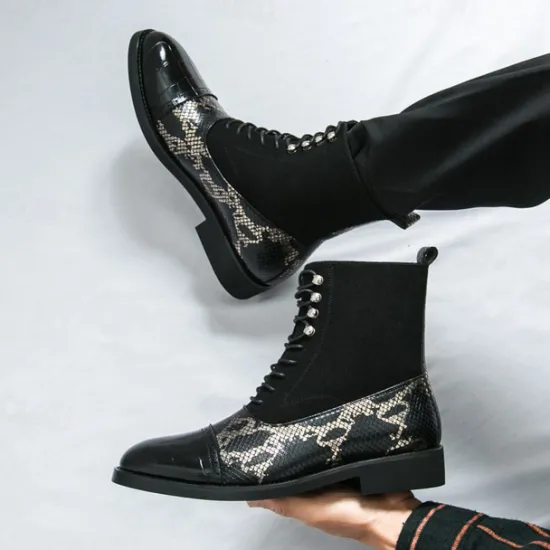 Hot OUKU Men's Luxury Green Ankle Boots | Snake Pattern Faux Leather with Crocodile-Embossed Toe and Lace-Up Design