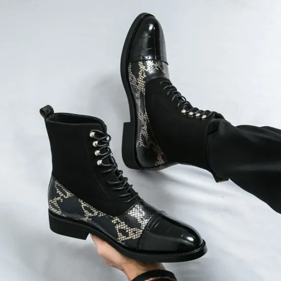 Hot OUKU Men's Luxury Green Ankle Boots | Snake Pattern Faux Leather with Crocodile-Embossed Toe and Lace-Up Design