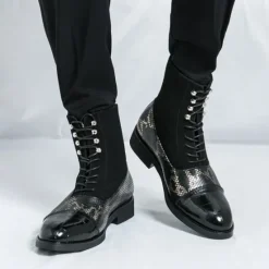 Hot OUKU Men's Luxury Green Ankle Boots | Snake Pattern Faux Leather with Crocodile-Embossed Toe and Lace-Up Design