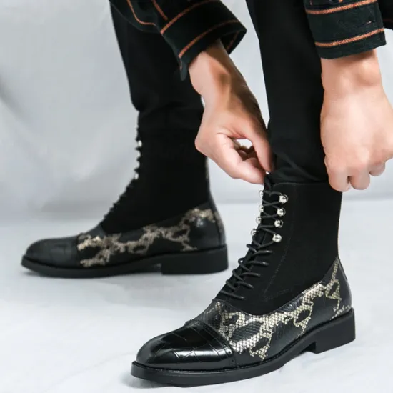 Hot OUKU Men's Luxury Green Ankle Boots | Snake Pattern Faux Leather with Crocodile-Embossed Toe and Lace-Up Design