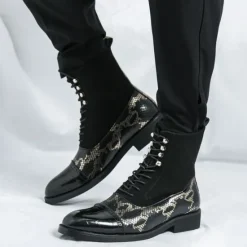 Hot OUKU Men's Luxury Green Ankle Boots | Snake Pattern Faux Leather with Crocodile-Embossed Toe and Lace-Up Design