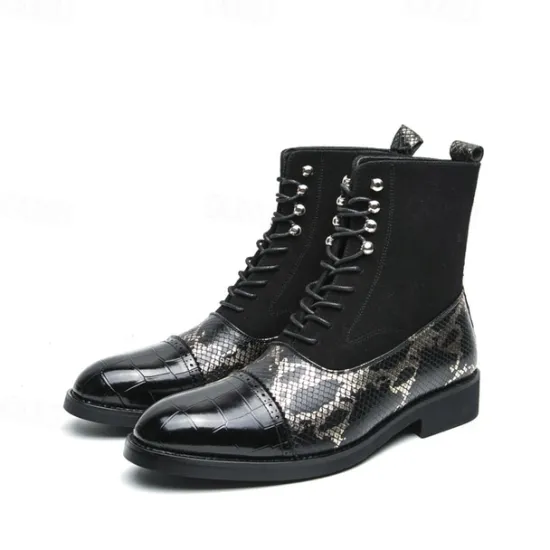 Hot OUKU Men's Luxury Green Ankle Boots | Snake Pattern Faux Leather with Crocodile-Embossed Toe and Lace-Up Design