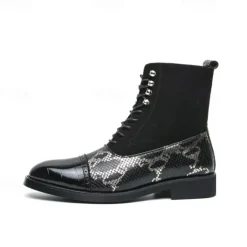 Hot OUKU Men's Luxury Green Ankle Boots | Snake Pattern Faux Leather with Crocodile-Embossed Toe and Lace-Up Design