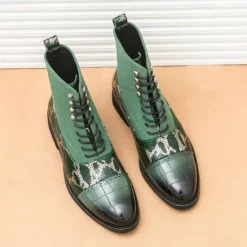 Hot OUKU Men's Luxury Green Ankle Boots | Snake Pattern Faux Leather with Crocodile-Embossed Toe and Lace-Up Design