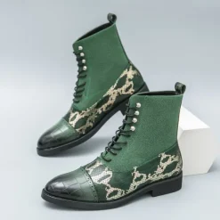 Hot OUKU Men's Luxury Green Ankle Boots | Snake Pattern Faux Leather with Crocodile-Embossed Toe and Lace-Up Design