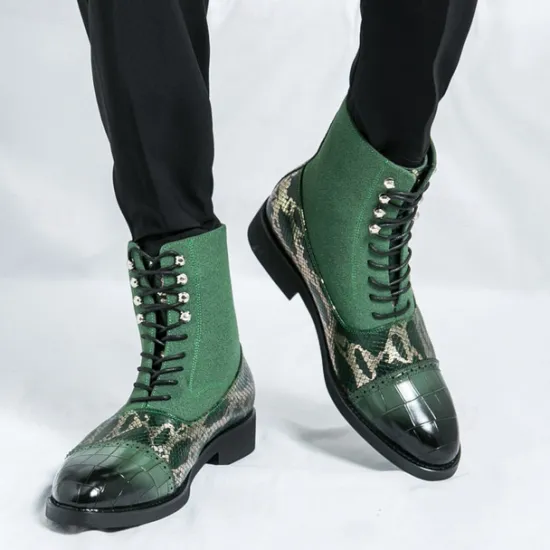 Hot OUKU Men's Luxury Green Ankle Boots | Snake Pattern Faux Leather with Crocodile-Embossed Toe and Lace-Up Design