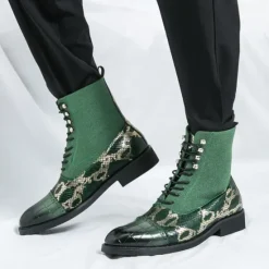 Hot OUKU Men's Luxury Green Ankle Boots | Snake Pattern Faux Leather with Crocodile-Embossed Toe and Lace-Up Design