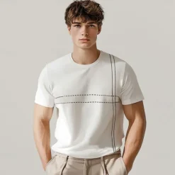 Sale OUKU Men's Lyocell T Shirt Horizontal Vertical Stripes Crew Neck School Training Short Sleeve Side Stripe Stripe Clothing Apparel Knitwear Vacation Vintage Neutral