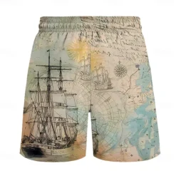 Discount OUKU Men's Map Sailboat Swim Trunks Swim Shorts Board Shorts Mid Waist Fashion Streetwear Designer Casual Daily Holiday Pocket Drawstring Elastic Waist Designer Clothing Apparel Light Blue