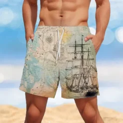 Discount OUKU Men's Map Sailboat Swim Trunks Swim Shorts Board Shorts Mid Waist Fashion Streetwear Designer Casual Daily Holiday Pocket Drawstring Elastic Waist Designer Clothing Apparel Light Blue