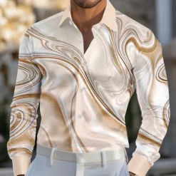Hot OUKU Men's Marble Abstract Liquid Art Shirt Satin Shirt Dress Shirt Long Sleeve Fashion Casual Vacation Dailywear Summer Spring Fall Turndown 3D Print Button Up Shirts Purple Khaki Light Blue