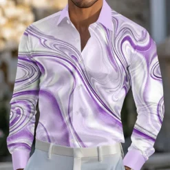 Hot OUKU Men's Marble Abstract Liquid Art Shirt Satin Shirt Dress Shirt Long Sleeve Fashion Casual Vacation Dailywear Summer Spring Fall Turndown 3D Print Button Up Shirts Purple Khaki Light Blue