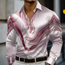 Clearance OUKU Men's Marble Abstract Liquid Art Satin Shirt Dress Shirt Long Sleeve Fashion Casual Vacation Holiday Summer Spring Fall Turndown Collared Shirts 3D Print Button Up Shirts Pink Blue Gold Green Gray