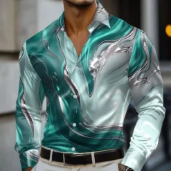 Online OUKU Men's Marble Abstract Liquid Art Shirt Satin Shirt Dress Shirt Long Sleeve Fashion Casual Vacation Dailywear Summer Spring Fall Turndown 3D Print Button Up Shirts Blue green Red Blue Green Gray