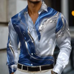 Online OUKU Men's Marble Abstract Liquid Art Shirt Satin Shirt Dress Shirt Long Sleeve Fashion Casual Vacation Dailywear Summer Spring Fall Turndown 3D Print Button Up Shirts Blue green Red Blue Green Gray